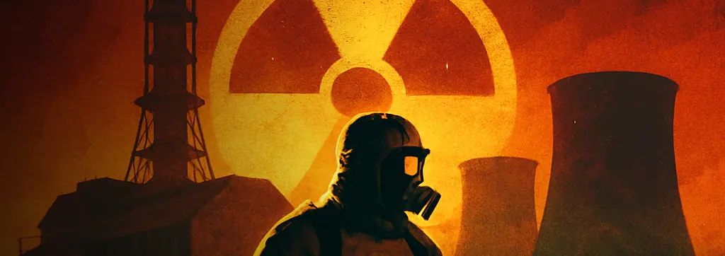 Survive Chernobyl: a figure in a gas mask stands before the reactor and a radiation symbol at dusk